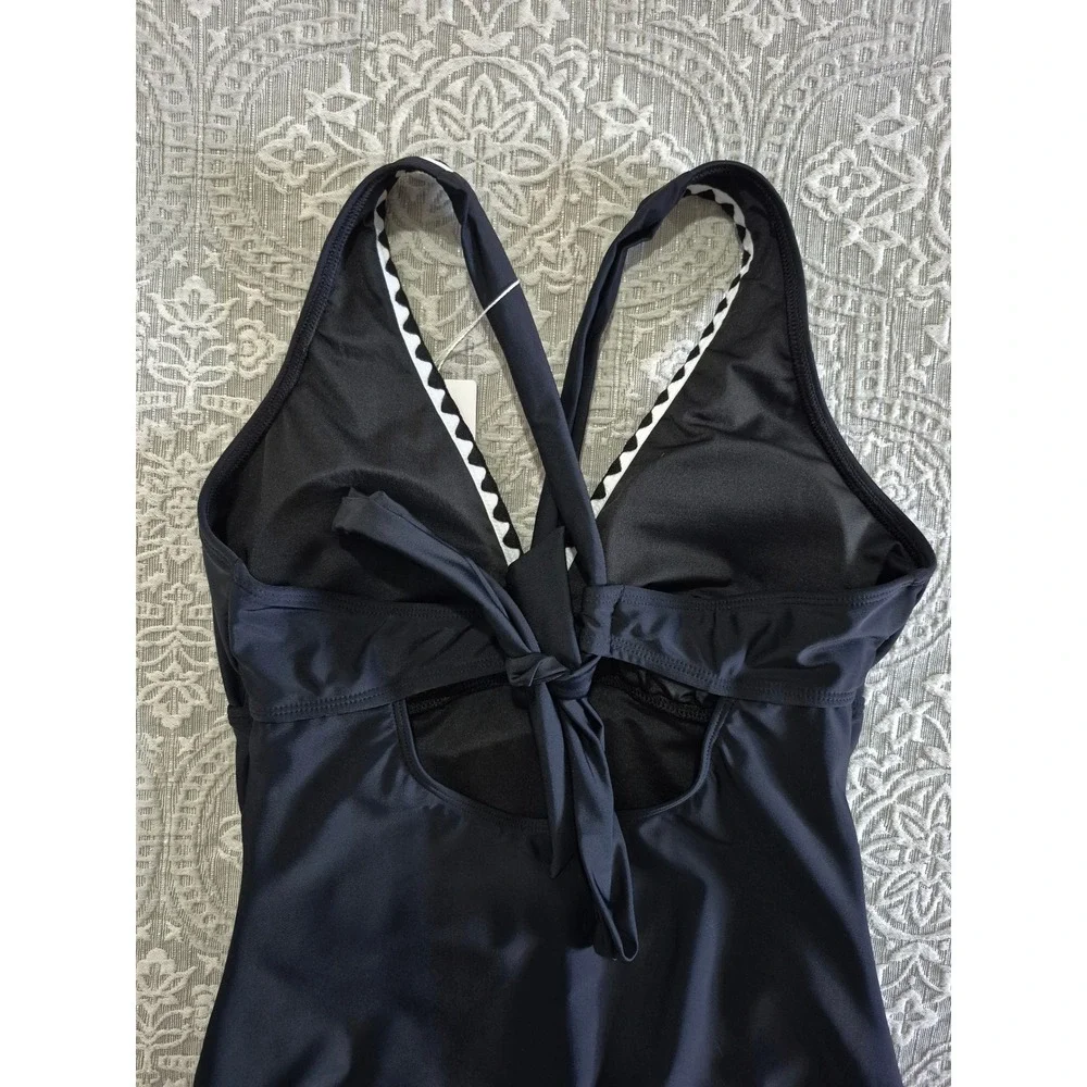 B2PRITY Womens One Piece Swimsuit Black Ric Rac Trim Ruched V-Neck Size M NWT - Picture 8 of 10